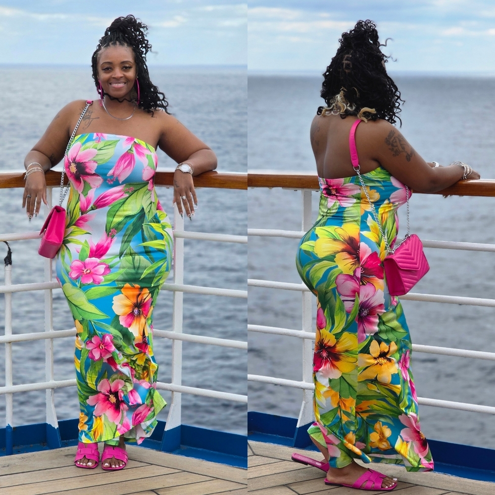 SHEIN Tropical Floral Strapless Maxi Dress in Pink, Yellow & Green - Picture 1 of 3